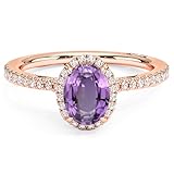 1.00 Carat Oval Cut Amethyst & White Diamond Halo Engagement Ring For Women, 14K Yellow Gold Plated 925 Silver February Birthstone Amethyst Bridal Side Stone Ring