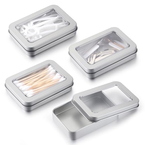 Tweruna 4 Pcs Cotton Swab Holder for Travel, Portable Floss Picks Case with Transparent Window, Small Metal Storage Box with Lid, Flosses Pick Holder Boxes for Travel, Cotton Swabs Hair Ties Floss