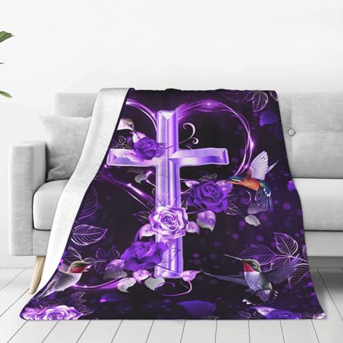 Purple Cross Blanket Christian Religious Cross Decor Throw Blanket Hummingbird Faith Catholic Blanket Gifts for Women Men Winter Super Warm Soft Plush Fleece Flannel Blanket for Adults Kids 80"X60"