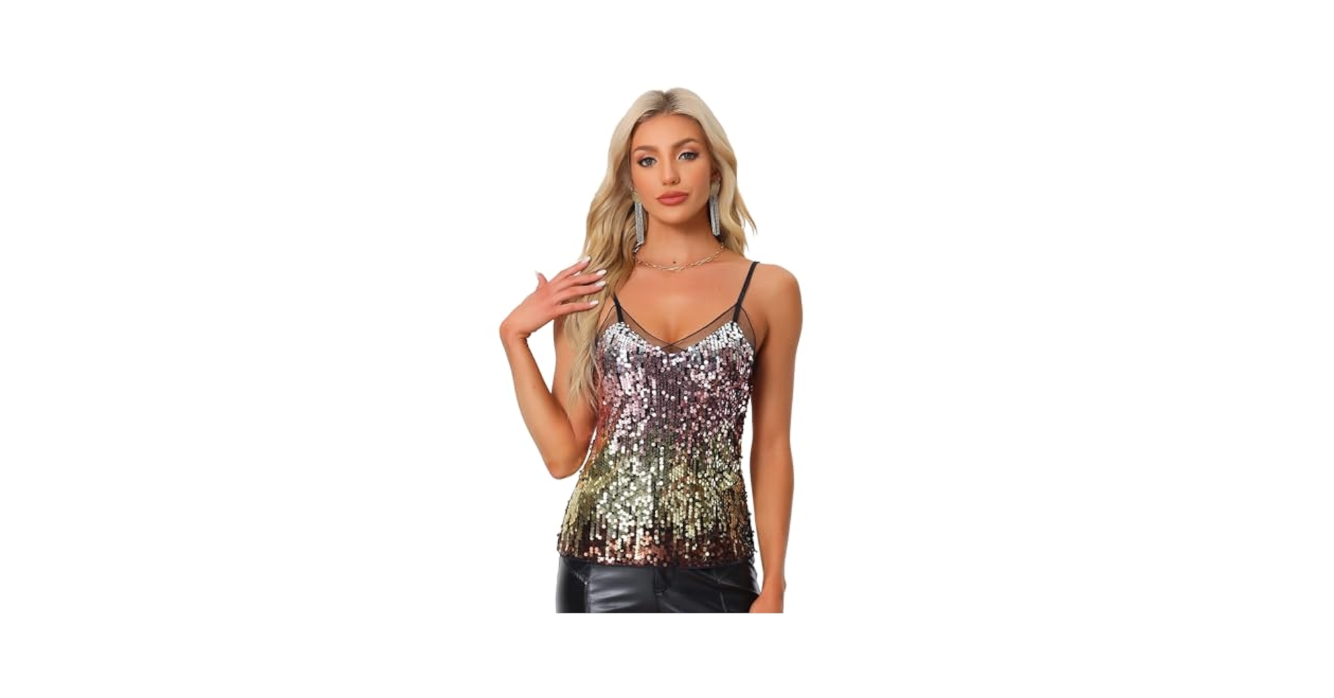 Allegra K Women's Sequin Blouse Mesh Panel Sleeveless Party