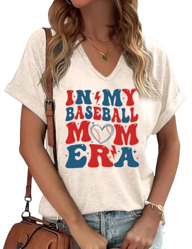 Baseball Shirts Women Baseball Mom Tshirt Baseball Game Day Graphic Tee Funny Short Sleeve Tops(V/Sand, M)