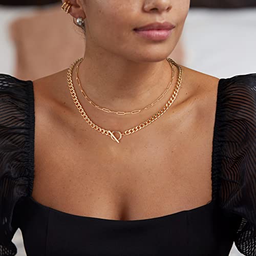 Mjartoria Layered Gold Necklace For Women, 14K Gold Plated Trendy Chunky Chain Necklace, Toggle Clasp Chain Paperclip Chain Adjustable Layering Chain Necklace For Women Girls Gold Jewelry Gifts #TOP6