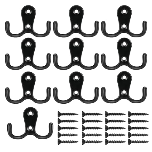 QMAHA Double Prong Coat Hook, 10Pcs Robe Hooks with Screws Dual Coat Hooks Wall Mounted, Black Coat Hooks for Hanging Heavy Duty Metal Hooks for Hanging Robe, Towel, Coat, Bag & Hat