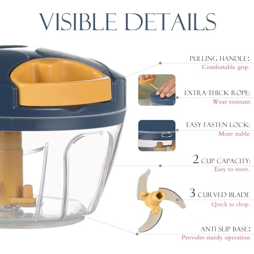 Image of Ourokhome Manual Food Processor Vegetable Chopper, Portable Hand Pull String Garlic Mincer Onion Cutter for Veggies, Ginger, Fruits, Nuts, Herbs, etc., 500ml, Deep Blue