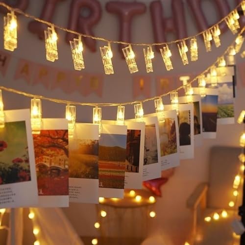 Image of One94Store 14 LED 3 Meter Photo Clip String Lights - Warm White LEDs | Hanging Fairy Lights for Pictures, Bedroom, Wall Decor, Party, Wedding & Festive Decoration (Pack of 3)