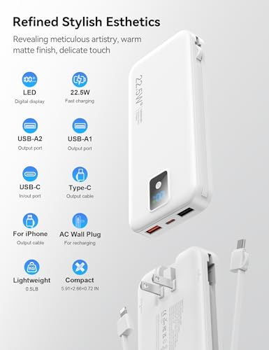 Rngsnoy Portable Charger 12000mAh 22.5W w/Built-in Cable & Wall Plug White - image 6