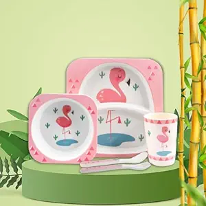 Tony Stark Bamboo Baby Feeding Set - 5-Piece Tableware for Toddlers, Kids & Babies Includes Plate, Bowl, Cup, Spoon, Fork - BPA-Free, Unbreakable Eco-Friendly |Organic & Natural (Pink Flamingo)