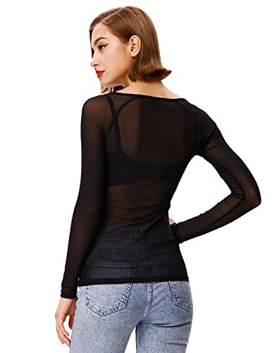 See Through Net Bodysuit Long Sleeve Mesh Tee Shirt Tops for Women (L,Black)