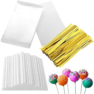Grevosea Lollipop Making Tools 100Pcs Cake Pop Bags 100Pcs Cake Pop Sticks and 100Pcs Twist Ties 3" x 4" Cake Pop Wrappers for Lollipop Candy Chocolate Cookie Wrapping