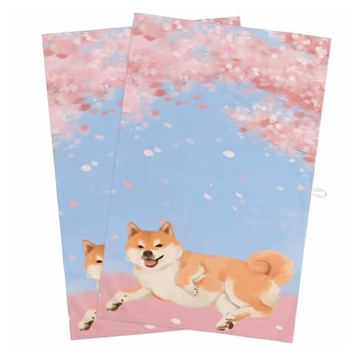 Kitchen Towels - 2 Packs Japanese Cute Akita Dogs Dish Towels, Cherry Blossoms Flowers Quick Drying Dishcloth Tea Towels, Absorbent Soft Hand Towel,18x28in