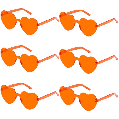 Fengek 6 Pcs Heart Shape Sunglasses Frameless Transparent Glasses Party Favors for Women, Orange2