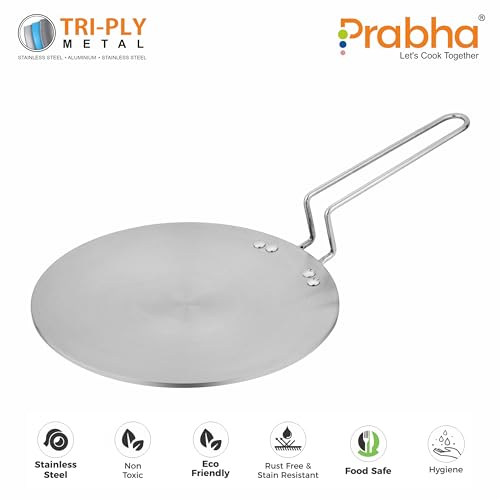 Image of Prabha Stainless Steel, Roti Tawa, 26cm, Chapati Pan, Non-Stick, Stay Cool Steel Handle, Compatible with Induction and Gas Stove, Tri-Ply.