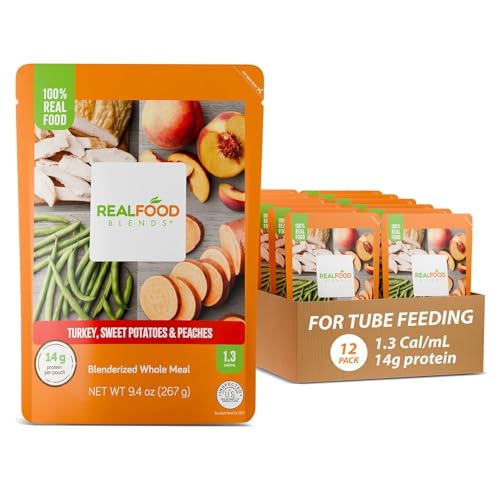 REAL FOOD BLENDS Turkey Sweet Potatoes & Peaches Pureed Food Meal for Tube Feeding 14g Protein 23 Vitamins and Minerals 9.4 oz (12 Pack)