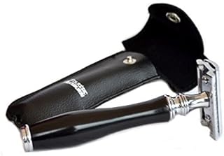 CS-209 Classic Samurai Double Edge Safety Razor Set Black Handle with Genuine Leather Shaving Travel/Protective Case and 5 ASTRA Double Edge Safety Razor Blades, Shaving Razor Kit