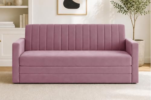 Image of Armrest Modern Three Seater Sofa Cum Bed Velvet Fabric Couch for Living Room, Space Saving Foldable Sleeper Sofa, (Rose Pink-Color)
