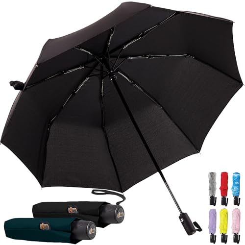 Image of GORILLA GRIP Compact Travel Size Umbrella for Rain, 2 PK, Sleek Design Fits Backpack, Purse and Carry On, Lightweight Under 1lb, One Click Open and Close, Wind Resistant, Waterproof, Black Green
