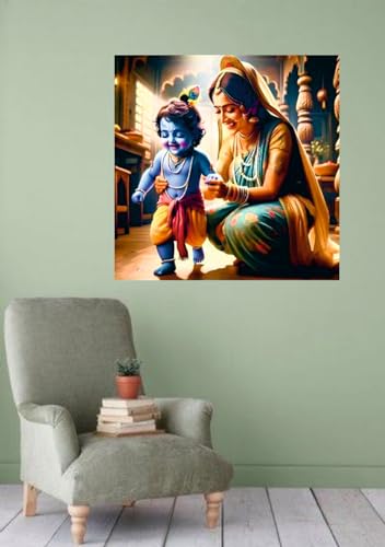Image of Techgifti Baby Blue Krishna And yashoda Maa Chalna Wall Poster for Pooja Room, Office, Kids Room (Size- 46CM X 46CM)