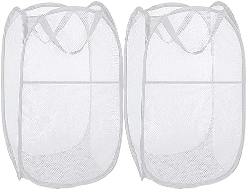 BATTOO Deluxe Strong Mesh Pop up Laundry Hamper Basket with Side Pocket Foldable Hamper for Laundry Room, Bathroom, Kids Room, College Dorm or Travel White + White