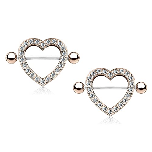 Pierced Owl CZ® - Protectores de pezón con Forma de corazón en Acero Inoxidable Chapado en Oro Rosa, se Venden por Pares