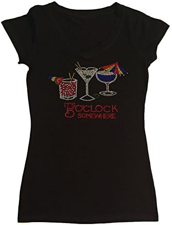 Women's Rhinestone Fitted Tight Snug Shirt It's 5 O'Clock Somewhere (Black Cap Sleeve, 1X)
