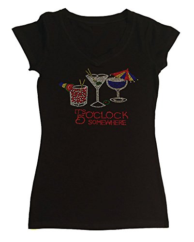 Women's Rhinestone Fitted Tight Snug Shirt It's 5 O'clock Somewhere (Black Cap Sleeve, 1X) #TOP1