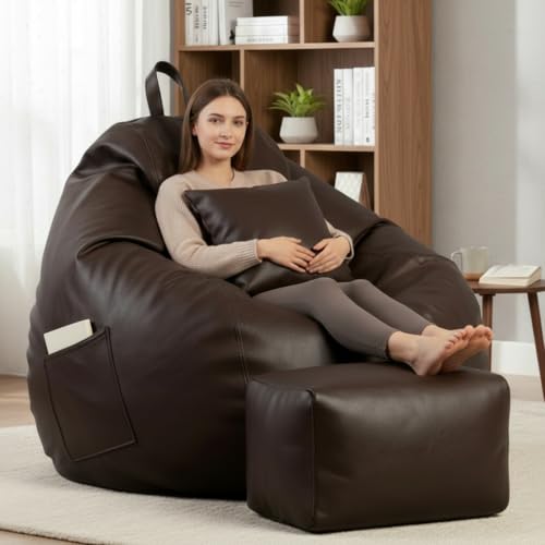 Image of KAM'S LIEU 5XL Luxury Faux Leather Bean Bag with Footrest & Cushion | Pre-Filled High-Density Polystyrene Beans | Premium Leatherette | 6 Months Warranty Color- (Brown, with Footrest)