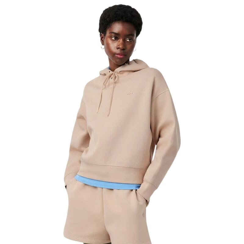 Lacoste Sudadera con Capucha Mujer Oversized Beige | Algodón Orgánico, Cocodrilo Bordado, Cordones Ajustables, Hombros Caídos, Pespunteado Decorativo