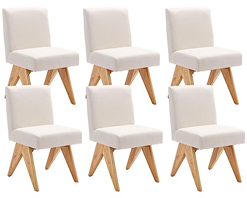 Mid Country Modern Dining Chairs Set of 6, Beige Linen Upholstered Dining Chairs with Wood Legs Kitchen Dining Room Chairs, Beige