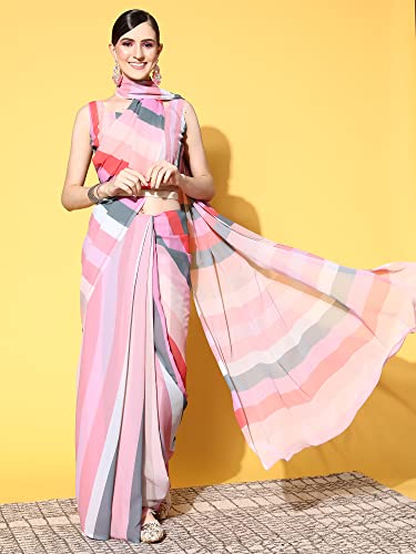 Image of AKHILAM Women's Striped Georgette Digital Print Saree With Unstitched Blouse Piece (10STRP1001 Parent)