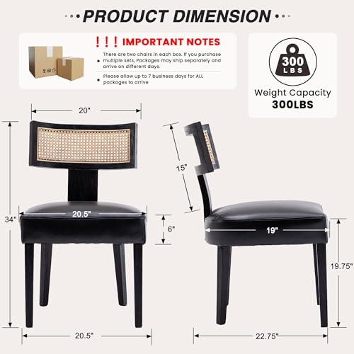 Image of HNY Mid Century Modern Rattan Dining Chairs Set of 4, Farmhouse PU Leather Upholstered Accent Chair Curved Backrest Kitchen Chairs, with Black Hardwood Frame, Black