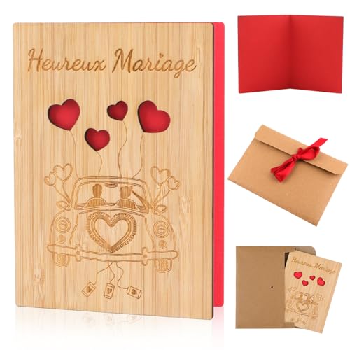 Carte de Voeux en Bois Mariage 15 x 11 cm, Heureux Mariage en Bois avec Enveloppe, Carte Mariage Félicitation Inscriptible pour la Saint-Valentin, les...