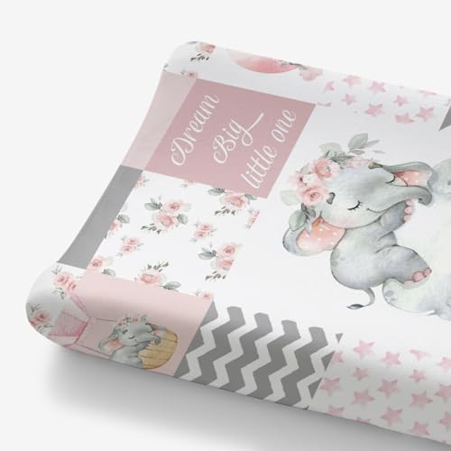 Image of HawSkgFub Sleeping Elephant Floral Changing Pad Cover for Baby Girls Pink, Dream Big Little One Flower Diaper Change Table Covers, Soft Stretchy Safe Snug Fitted Changing Mat Sheets Fit 32"/34" x 16"