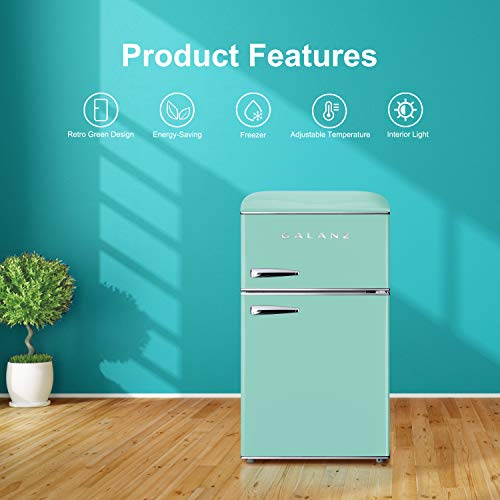 Galanz Glr31Tgner Dual Door Fridge, Adjustable Mechanical Thermostat With True Freezer, 3.1 Cu Ft, Green & Glcmkz09Gnr09 Retro Countertop Microwave Oven With Auto Cook & Reheat, Pull Handle.9 Cu Ft #TOP2