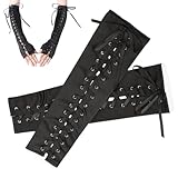 Hexen Handschuhe Spitze Armstulpen Gothic Feder Gloves Hexenhandschuhe Hexe Arme Braut mit Schnürung Damen Kostüm Accessoires für Fest Ball Party Cosplay Fasching Halloween Hochzeit Karneval Opera