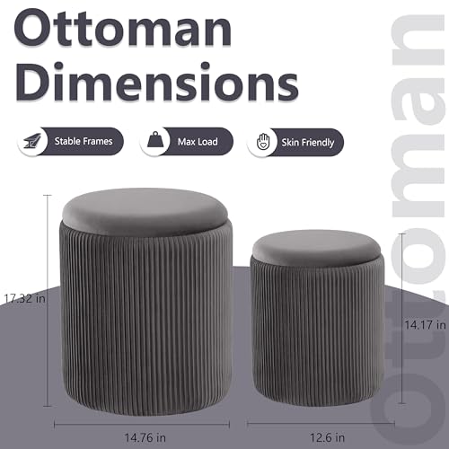 Royal Windsor Round Ottoman with Storage Set of 2,Vanity Stool with Storage for Bedroom, Ottoman Coffee Table,Small Velvet Foot Stool for Living Room,Grey