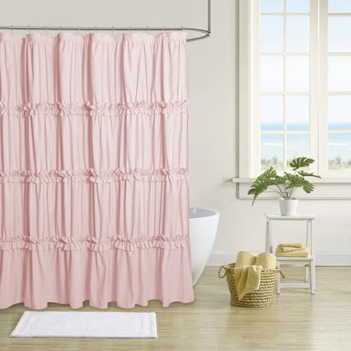 BRHF Farmhouse Ruffle Shower Curtain with Handmade Ruched Vintage Ruffled Fabric Bathroom Curtains Decorative Elegant Bathroom Curtain with 12 Holes Peach Pink 72 W x 72 H(N60049)