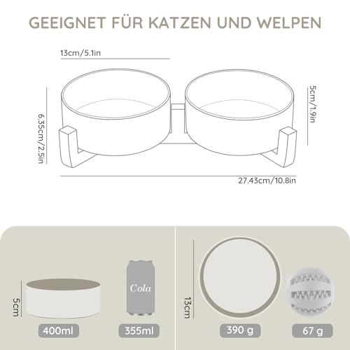 SPUNKYJUNKY Hundenapf Keramik Doppel Hund Futternapf mit Bambus Ständer für Katzen und Hunde (400ml, 2-Grau)