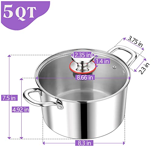P&P Chef Tri-Ply Stainless Steel Stockpot (5 Qt), Large Stock Pot With Visible Lid For Soup Pasta Vegetable, Induction Cooking Pot For All Stoves, Heavy-Duty Pot With Double Handle, Dishwasher Safe #TOP1