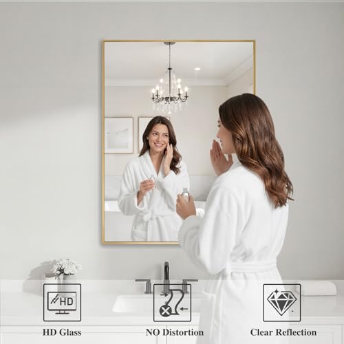 Image of Koonmi Gold Rectangle Wall Mirror, 24x32 Inch Bathroom Mirror, Aluminum Frame Vanity Mirror for Entryway, Living Room, Bedroom Bathroom, Hangs Horizontally or Vertically