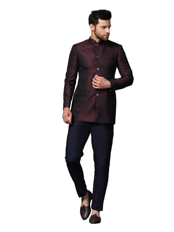 KISAH Men’s Jodhpuri Bandhgala-Blazer Trouser Set, Magenta Silk Blend, Woven Design Regular Fit Mandarin Collar Long Sleeves