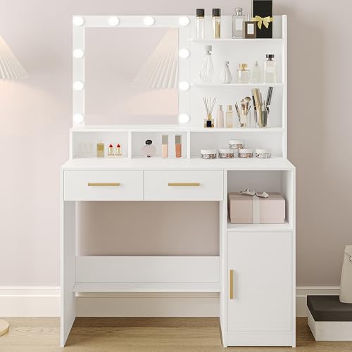 Hzuaneri Tocador, con Espejo y 10 LED Luz Regulable, Mesa de Maquillaje con 2 Cajón y 1 Armario, 3 Estantes y 4 Compartimentos Abiertos, Blanco DT32503X
