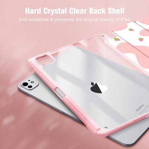 Image of Fintie Hybrid Slim Case for iPad Pro 11-inch (M5) 2025 / (M4) 2024 - [Built-in Pencil Holder] Shockproof Protective Cover with Clear Transparent Back Shell, Strawberry Cow