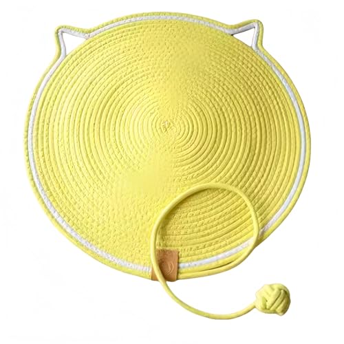 猫用爪とぎマット、コットンロープとぎパッド、ボールおもちゃ付き、クリーンアップ簡単四季共通、室内猫用丸型水平床猫用爪とぎパッド、床、壁、ソファ、カーペット、ソファ用家具 (イエロー,直径60cm)