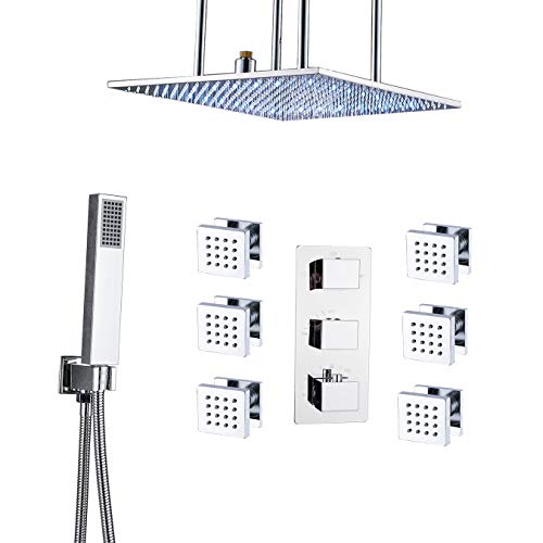 Rozin Chrome Salle De Bains Robinet De Douche Thermostatique Monté Au Plafond LED Pomme De Douche De Pluie De 20 Pouces + Spray Pour Les Mains + Jets De Massage Corps Finition Chrome