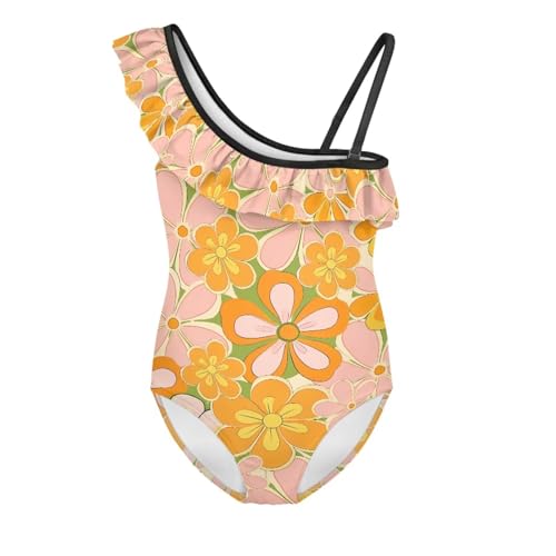 UNICEU Girls Floral One Piece Swimsuit One-Shoulder Ruffles Swimsuits Sleeveless Breathable Bathing Suit for Beach