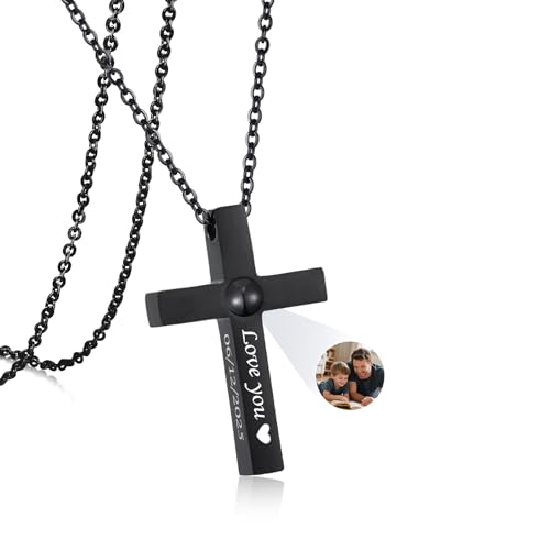 Personalized Necklace with Picture Inside : Projection Cross Pendant Custom Name Photo Necklaces Jewelry for Fathers Day Memorial Gifts for Men Dad Grandpa Husband Boyfriend Easter Gifts for Adults