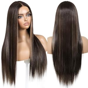 Brown and Blonde Highlight Synthetic Lace Front Wigs for Women Long Straight Wear and Go Glueless Wig Pre Plucked 13x5x1 HD Lace Middle Part 26 Inch