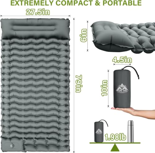 Image of FUN PAC Ultralight Inflatable Ca Camping Sleeping Pad, Ultralight Camping Mat with Pillow Built-in Foot Pump Inflatable Sleeping Pads Compact for Camping Backpacking Hiking Traveling - Gray