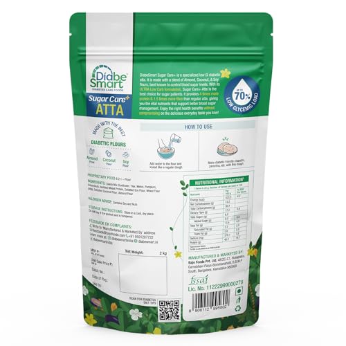 DiabeSmart Sugar Care Plus Atta 2 KG| Ultra Low Carb Diabetic Atta | 70% Lower Glycemic Load for Better Sugar Release Control |High Fiber High Protein Flour | 5 Superfood & Seed Multigrain Low GI Atta