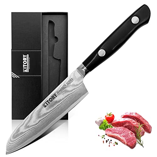 Kitory Damascus Santoku Knife 7", for bigger or larger hands, Kitchen Knife with VG10 67 Layers Super Steel- Black G10 Handle-Gift Box Included, 2024 Gifts For Women and Men WAR03